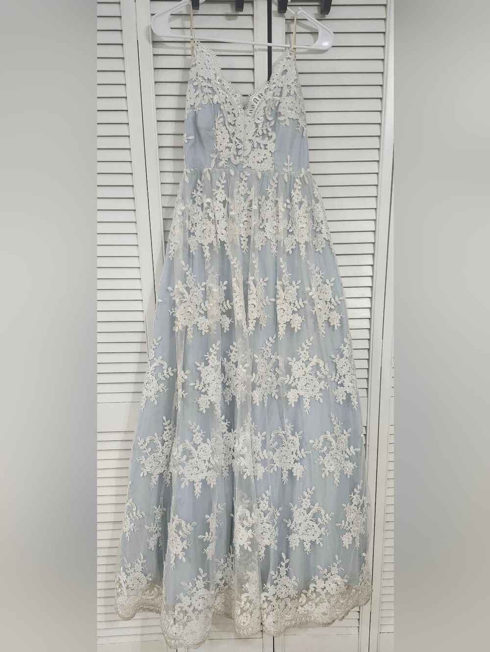 Light Blue Maxi Dress with White Lace Appliqué